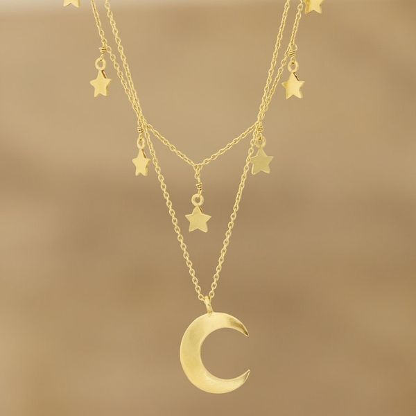 Alternate image for Gold Plated Sterling Silver Moon and Star Necklace Celestial Gleam