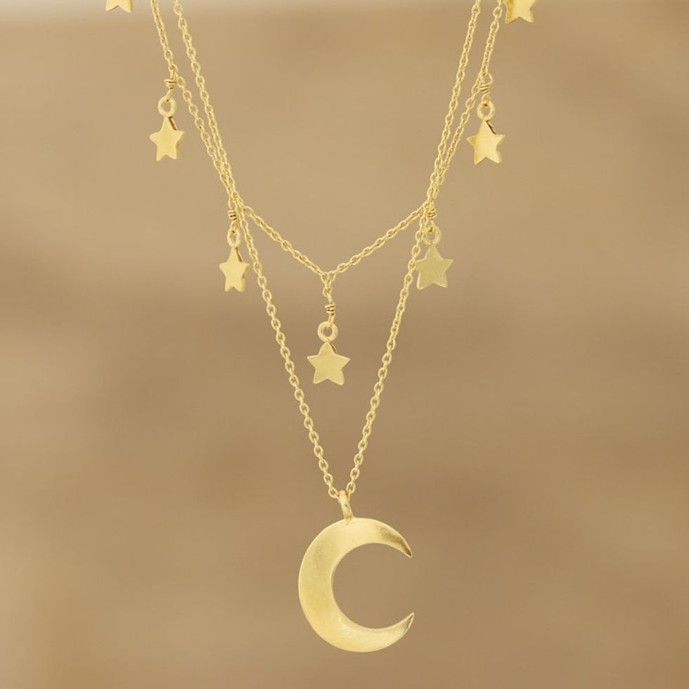 Gold Plated Sterling Silver Moon and Star Necklace 'Celestial Gleam'