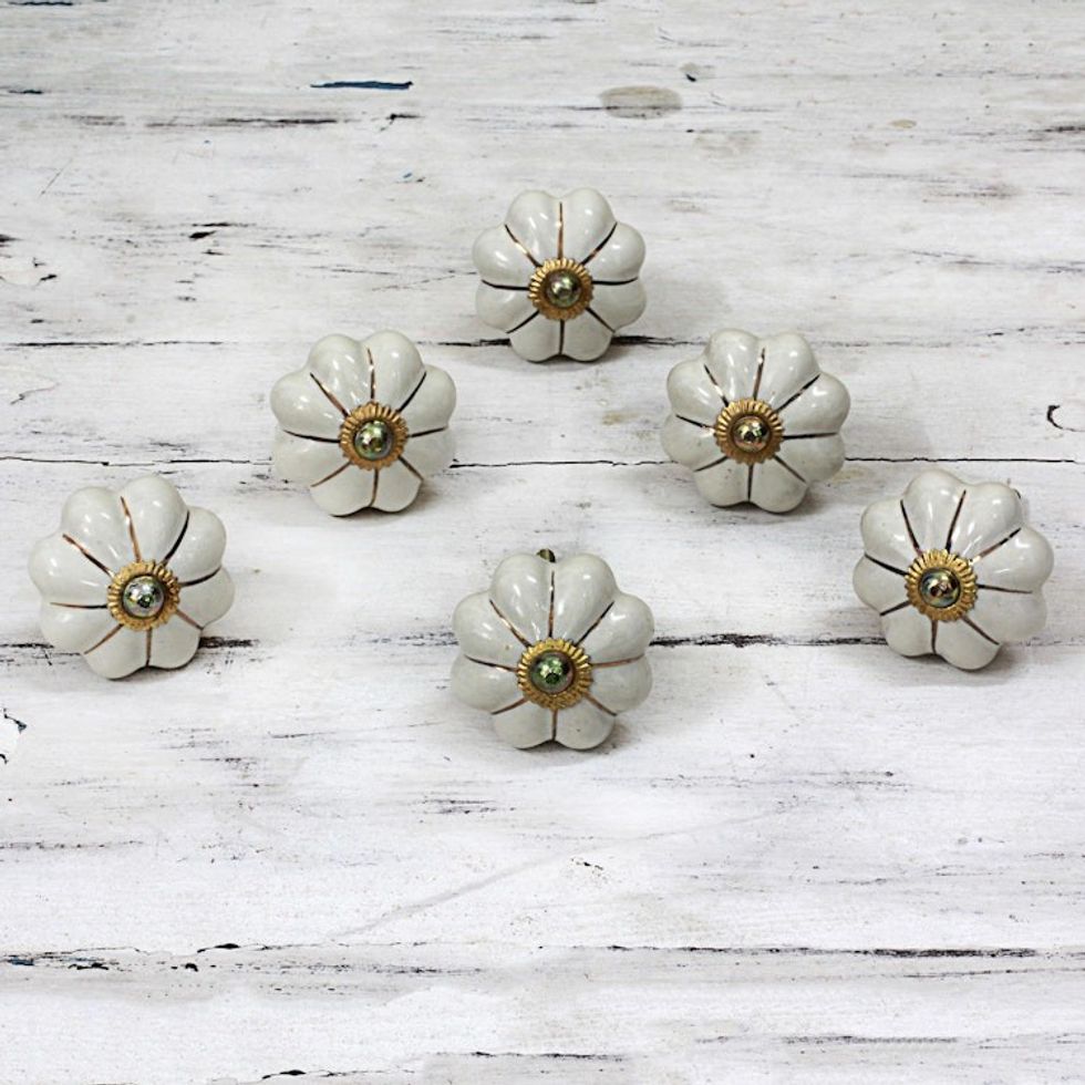 Ceramic Cabinet Knobs Floral Off-White Set of 6 India 'Pale Floral Beauties'