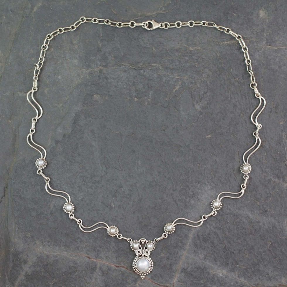 Artisan Crafted Cultured Pearl and Silver Pendant Necklace 'Angel Love'