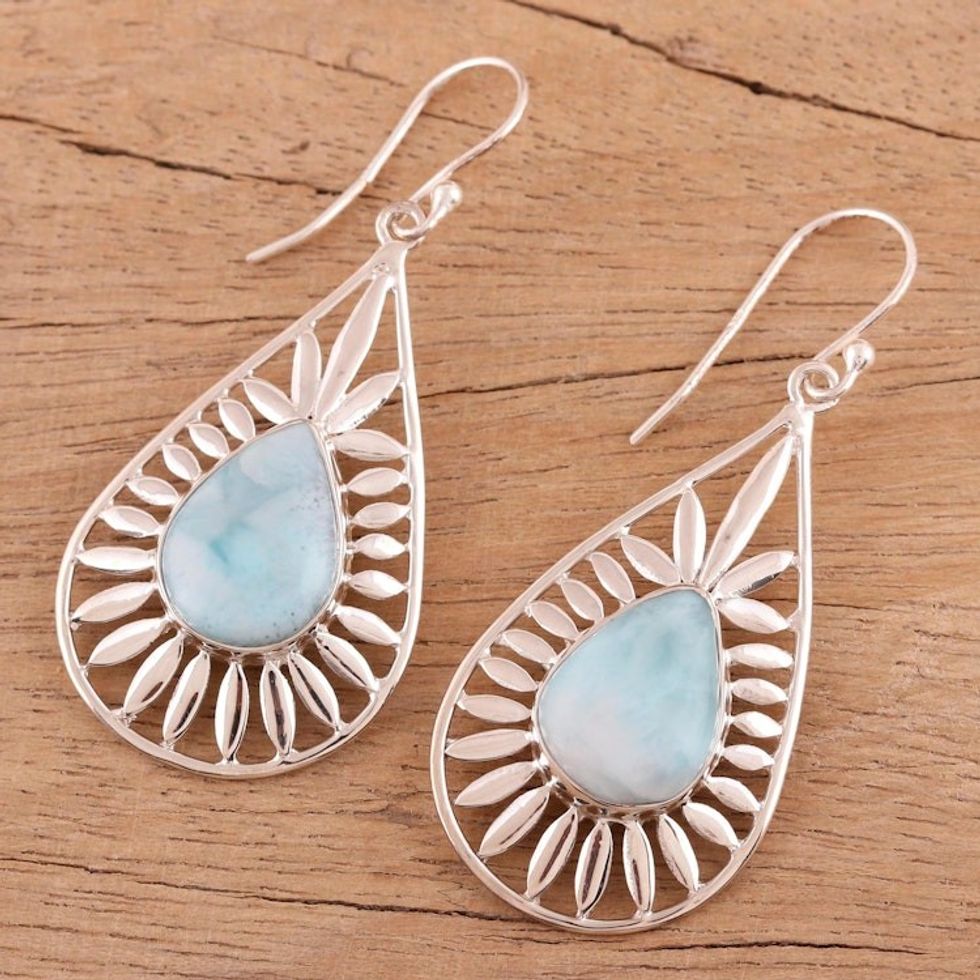 Teardrop Shaped Larimar Dangle Earrings from India 'Sky Corona'