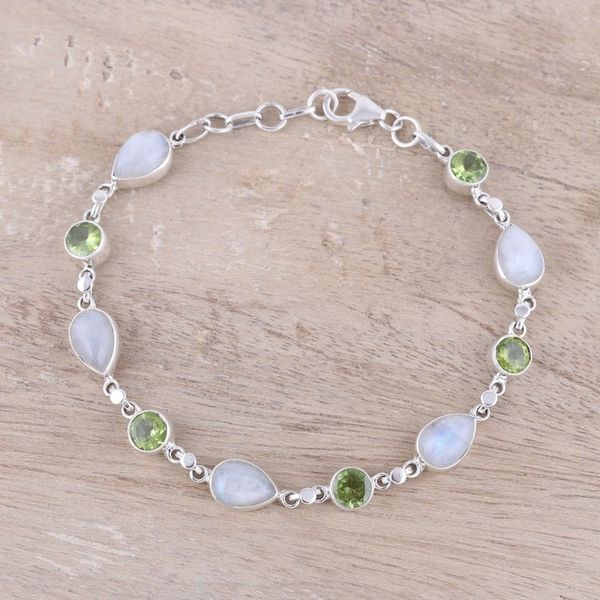 Alternate image for Sterling Silver Rainbow Moonstone and Peridot Link Bracelet Misty Forest