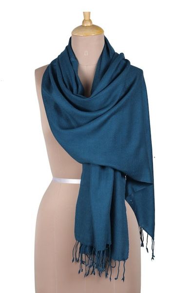 Alternate image for Hand-Woven Teal Wool Shawl from India Winter Warmth in Teal