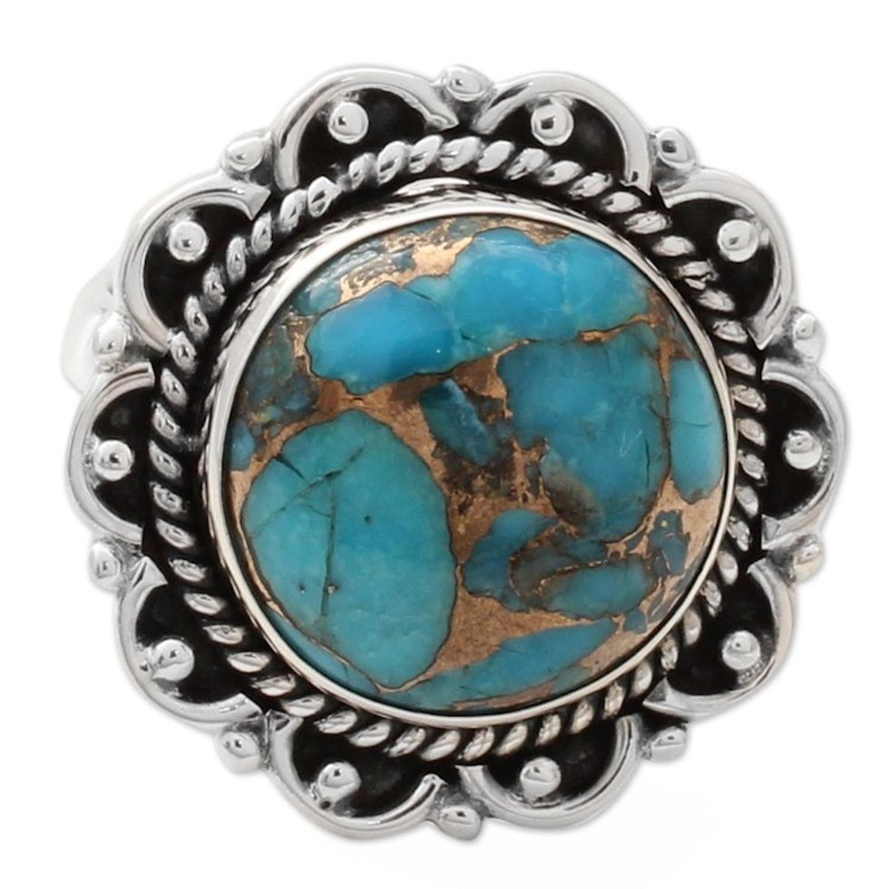 Composite Turquoise Ring with Sterling Silver Petals 'Golden Aqua Swirls'