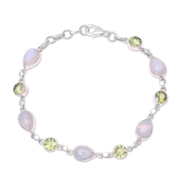 Alternate image for Sterling Silver Rainbow Moonstone and Peridot Link Bracelet Misty Forest