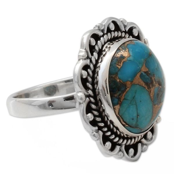 Alternate image for Composite Turquoise Ring with Sterling Silver Petals Golden Aqua Swirls