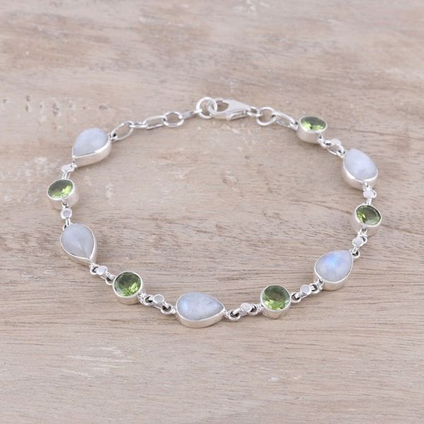 Alternate image for Sterling Silver Rainbow Moonstone and Peridot Link Bracelet Misty Forest