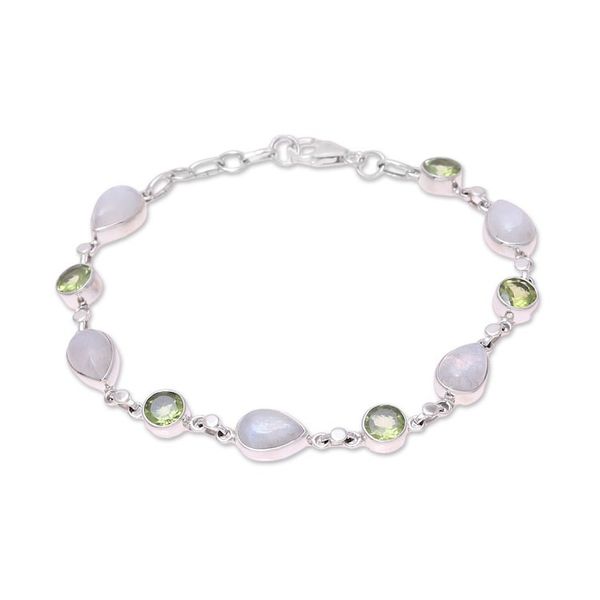 Alternate image for Sterling Silver Rainbow Moonstone and Peridot Link Bracelet Misty Forest