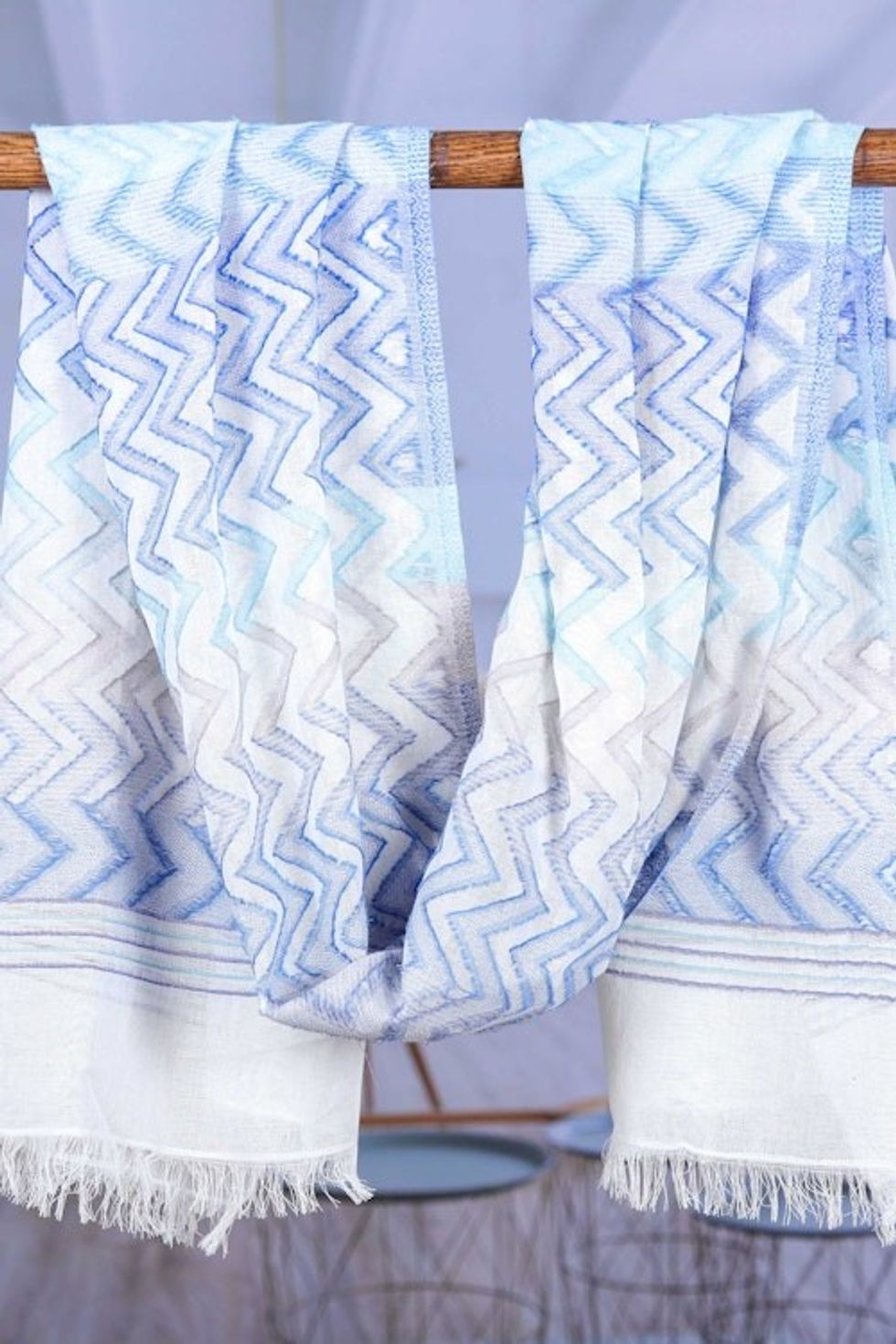 Chevron-Patterned Handwoven Iris and Periwinkle Cotton Shawl 'Iris Tide'