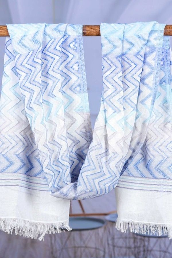 Alternate image for Chevron-Patterned Handwoven Iris and Periwinkle Cotton Shawl Iris Tide