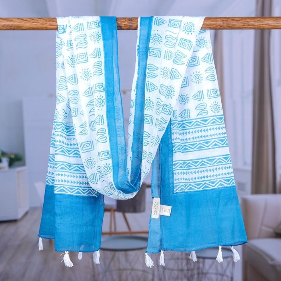 Block-Printed Teal Cotton Scarf with White Tassels 'Teal Mosaic'