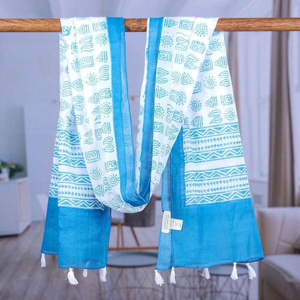 Alternate image for Block-Printed Teal Cotton Scarf with White Tassels Teal Mosaic