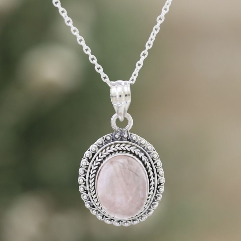 Rose Quartz and Sterling Silver Pendant Necklace from India 'Delicate Charm'