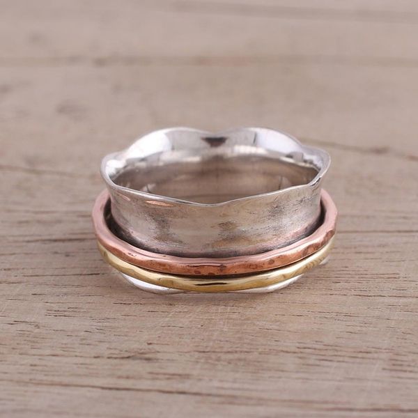 Alternate image for Sterling Silver Copper and Brass Spinner and Meditation Ring Wavy Cyclone