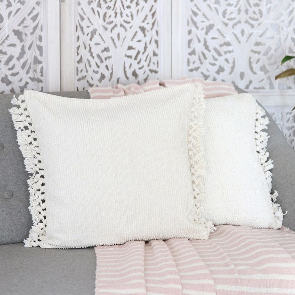 Pair of Ivory Cotton Cushion Covers with Tassels from India 'Ivory Passion'