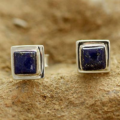 Alternate image for Lapis Lazuli Earrings Handmade Sterling Silver Jewelry India Hindu Galaxy