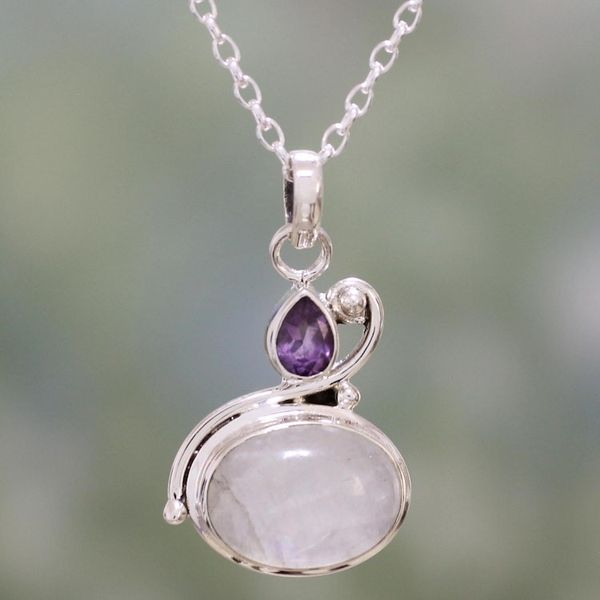 Alternate image for Rainbow Moonstone and Amethyst Pendant Necklace from India Lilac Romance