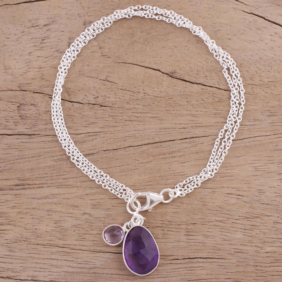 Amethyst and Sterling Silver Charm Bracelet from India 'Twinkling Harmony'