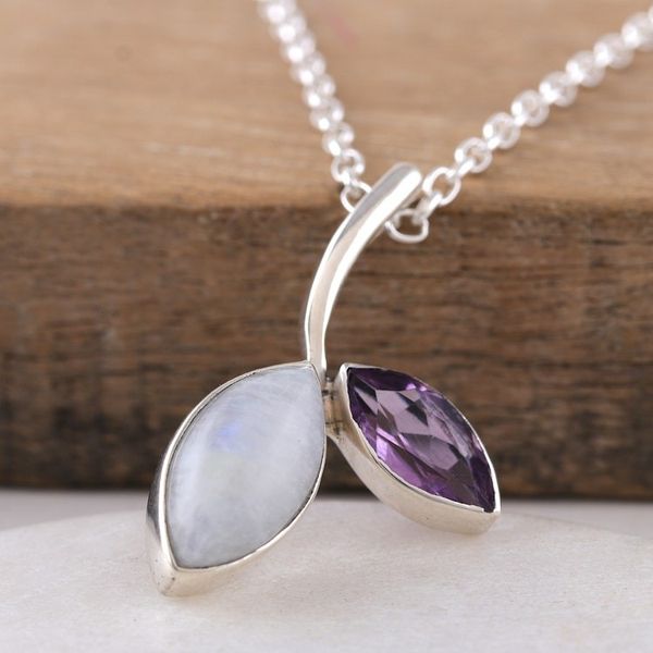 Alternate image for Leafy Rainbow Moonstone and Amethyst Pendant Necklace Chic Leaf