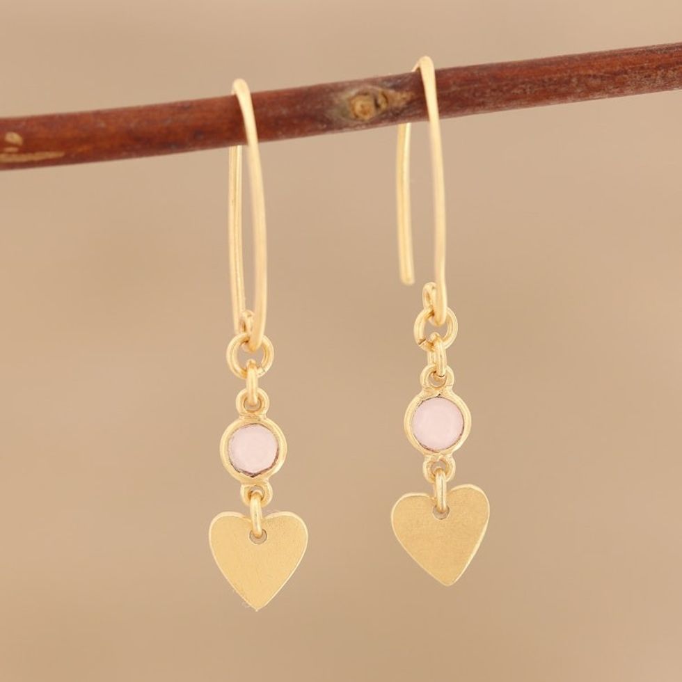 Gold Plated Rose Quartz Heart Dangle Earrings from India 'Delightful Hearts'