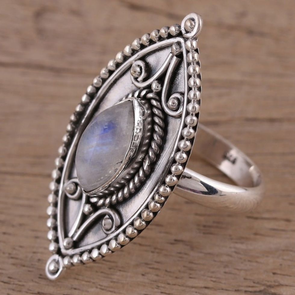 Sterling Silver Marquise Rainbow Moonstone Cocktail Ring 'Timeless Glow'