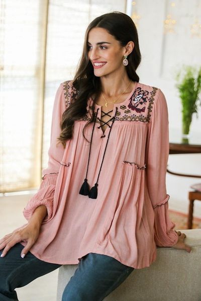 Alternate image for Embroidered Peach Viscose Tunic with Tassels Peach Season