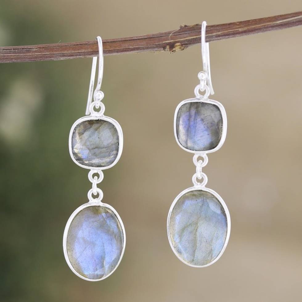 33-Carat Natural Labradorite Dangle Earrings Made in India 'Evening Spirits'