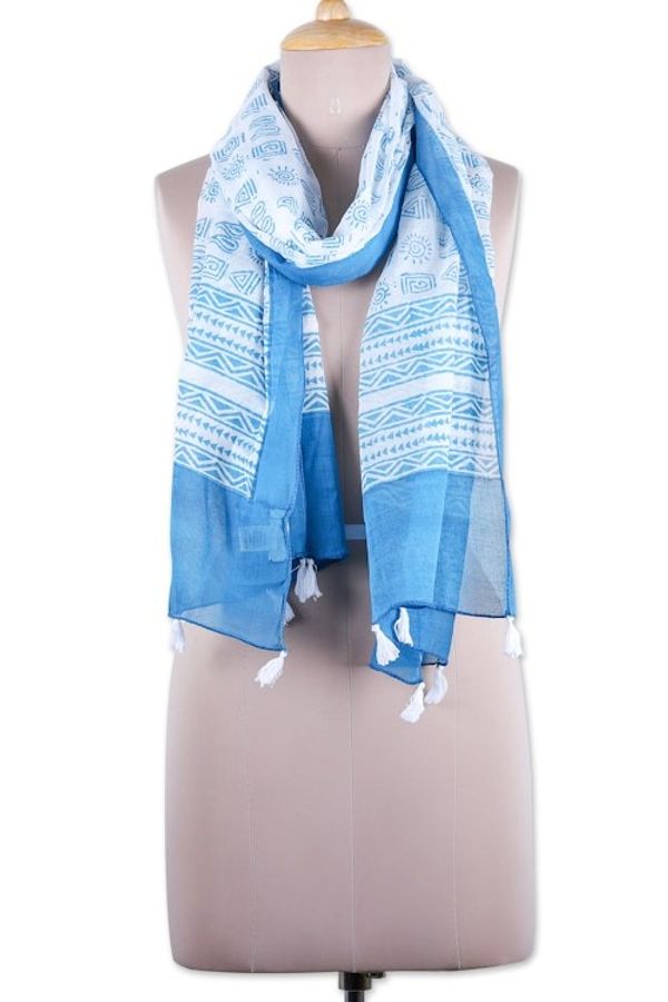 Alternate image for Block-Printed Teal Cotton Scarf with White Tassels Teal Mosaic