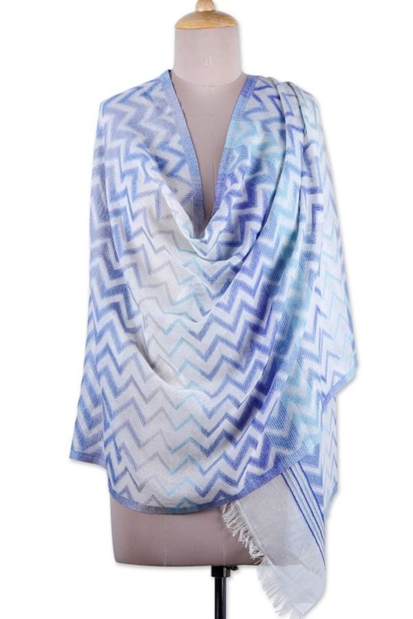 Alternate image for Chevron-Patterned Handwoven Iris and Periwinkle Cotton Shawl Iris Tide