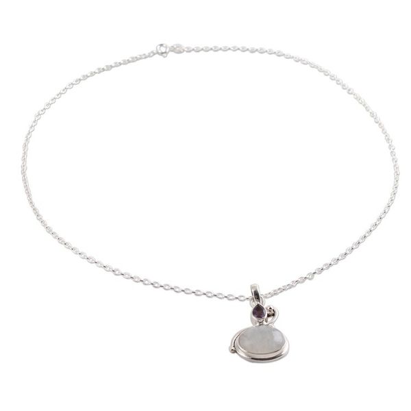 Alternate image for Rainbow Moonstone and Amethyst Pendant Necklace from India Lilac Romance