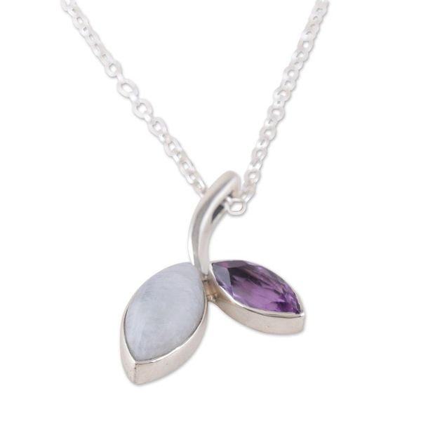 Alternate image for Leafy Rainbow Moonstone and Amethyst Pendant Necklace Chic Leaf
