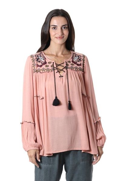 Alternate image for Embroidered Peach Viscose Tunic with Tassels Peach Season