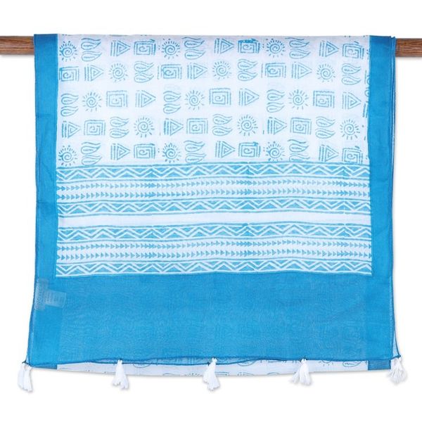 Alternate image for Block-Printed Teal Cotton Scarf with White Tassels Teal Mosaic