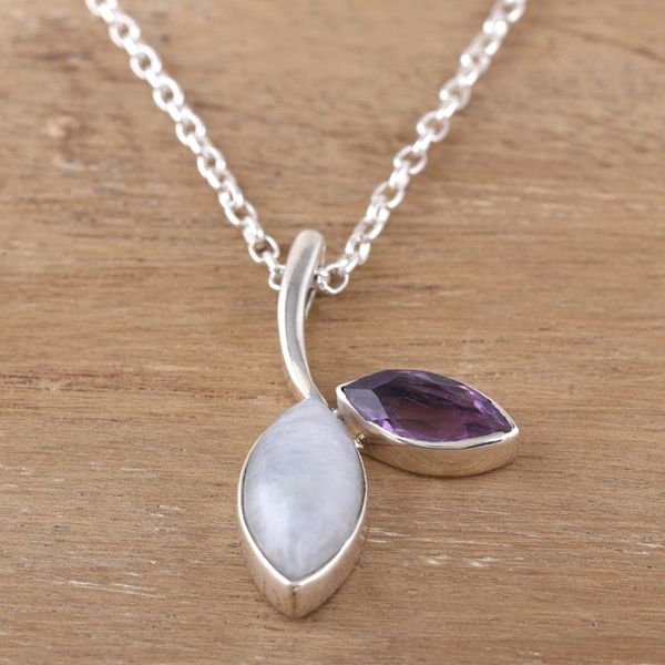 Alternate image for Leafy Rainbow Moonstone and Amethyst Pendant Necklace Chic Leaf