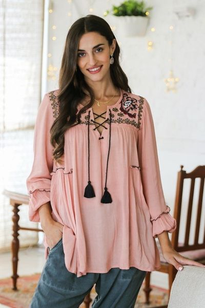 Alternate image for Embroidered Peach Viscose Tunic with Tassels Peach Season