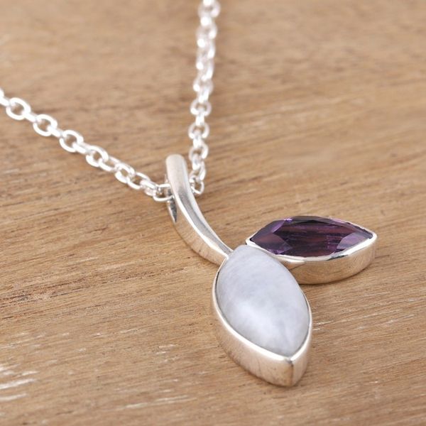 Alternate image for Leafy Rainbow Moonstone and Amethyst Pendant Necklace Chic Leaf
