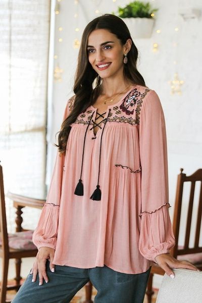 Alternate image for Embroidered Peach Viscose Tunic with Tassels Peach Season