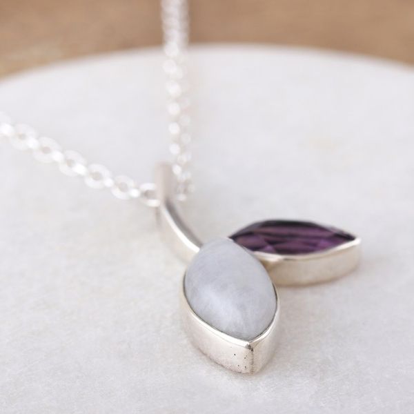 Alternate image for Leafy Rainbow Moonstone and Amethyst Pendant Necklace Chic Leaf