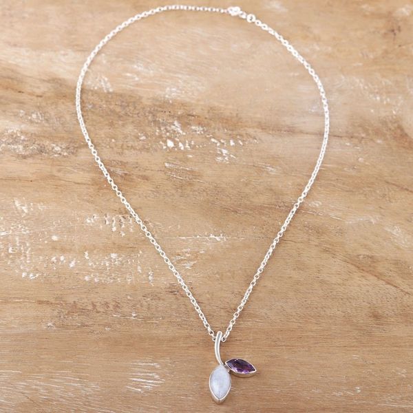 Alternate image for Leafy Rainbow Moonstone and Amethyst Pendant Necklace Chic Leaf