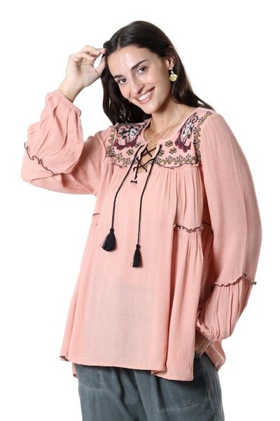 Alternate image for Embroidered Peach Viscose Tunic with Tassels Peach Season