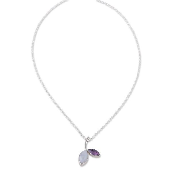 Alternate image for Leafy Rainbow Moonstone and Amethyst Pendant Necklace Chic Leaf