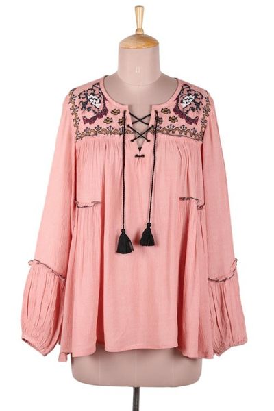 Alternate image for Embroidered Peach Viscose Tunic with Tassels Peach Season