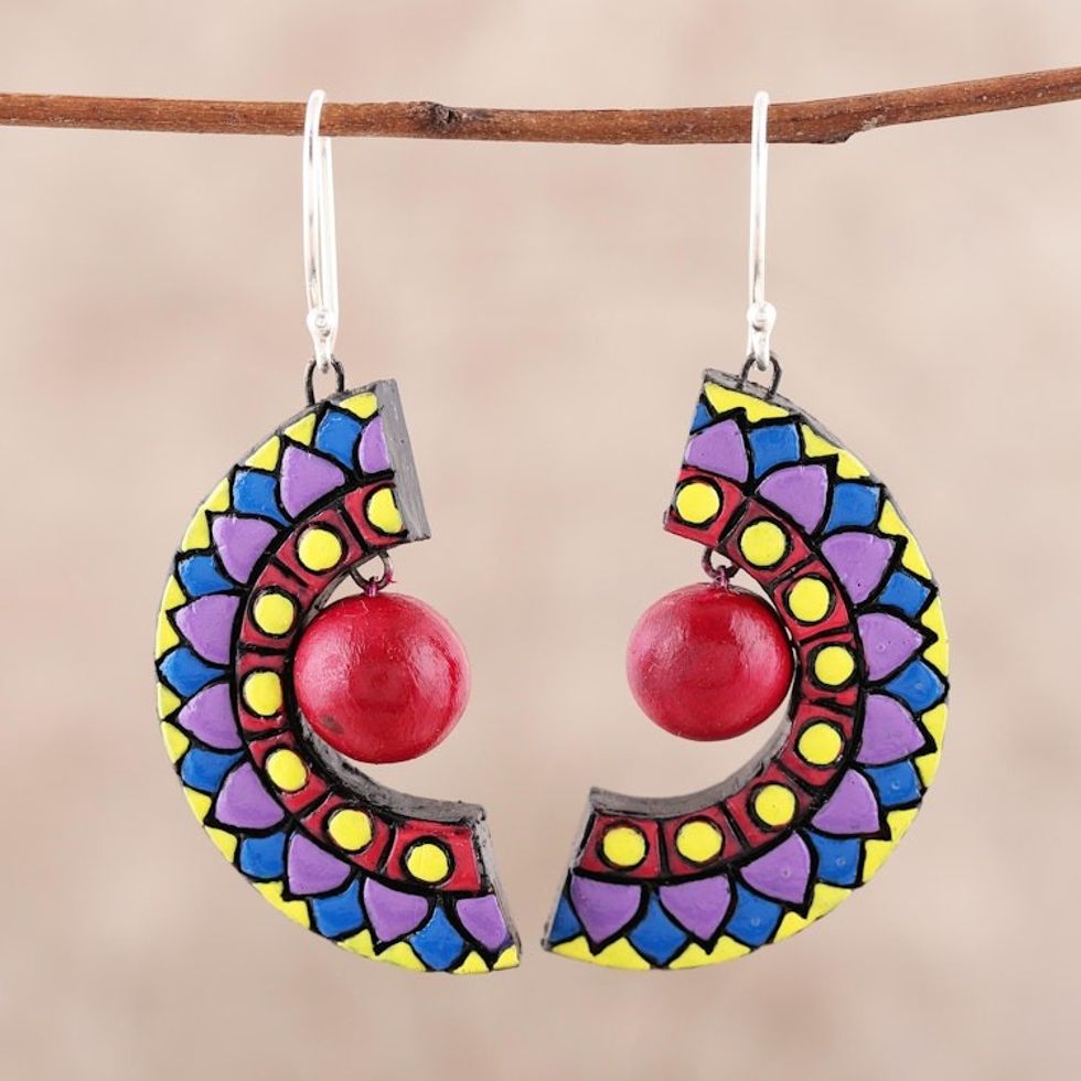 Hand-Painted Ceramic Dangle Earrings from India 'Crescent Harmony'