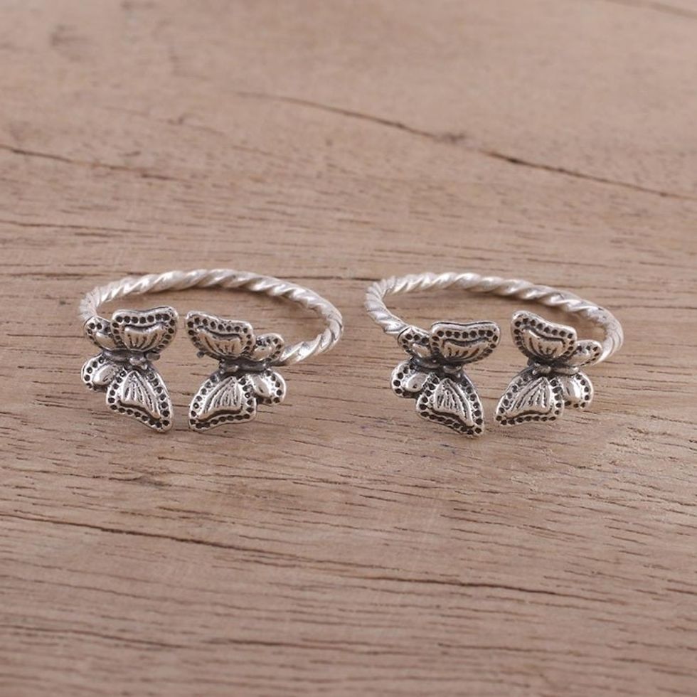 Twisted Toe Rings with Butterfly Accents from India Pair 'Butterfly Meeting'