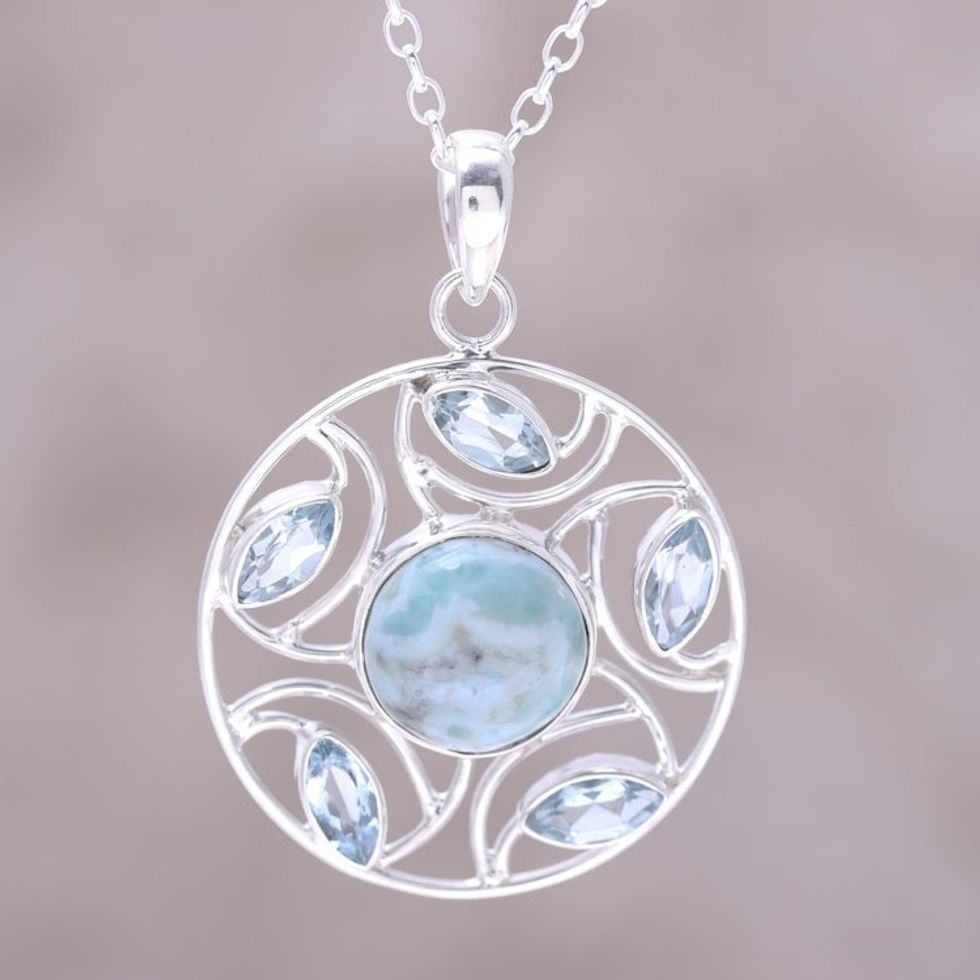 Sterling Silver Larimar Blue Topaz Round Pendant Necklace 'Blue Wheel'