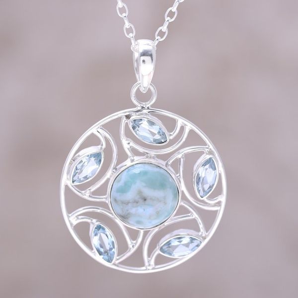 Alternate image for Sterling Silver Larimar Blue Topaz Round Pendant Necklace Blue Wheel
