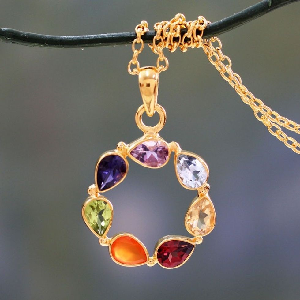 Multi-gemstone Vermeil Necklace Chakra Jewelry from India 'Peace Within'