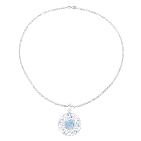 Alternate image for Sterling Silver Larimar Blue Topaz Round Pendant Necklace Blue Wheel