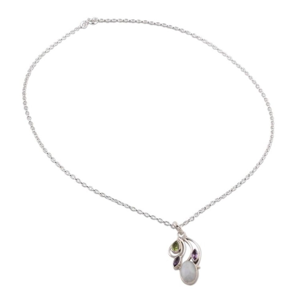 Multi-Gem Peridot Amethyst and Rainbow Moonstone Necklace 'Majestic Harmony'