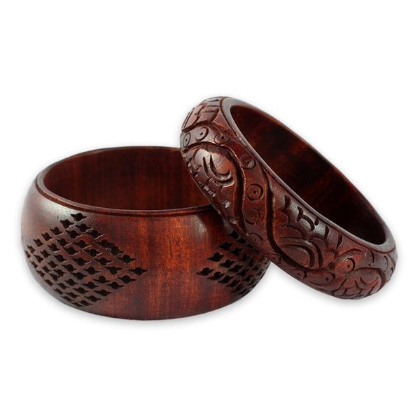 Alternate image for Artisan Crafted Floral Mango Wood Bangle Bracelets Pair India Romance